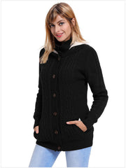 Women's warm hooded long-sleeved cardigan knitted