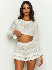 Long sleeve short crop top sexy shorts knitted suit - 808Lush