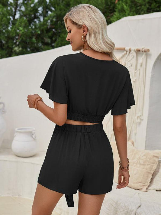 Women's casual short-sleeved shorts suit women's lace-up two-piece set - 808Lush