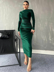 Women's New Fashion Solid Color Slim Fit Pleated Round Neck Long Sleeve Dress