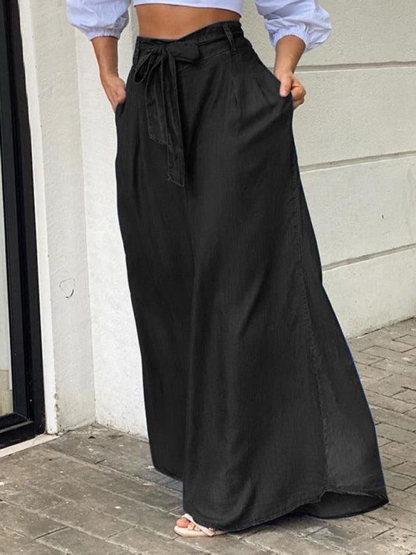 Elegant strappy high waisted skirt casual plus size denim maxi skirt - 808Lush