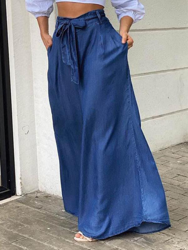 Elegant strappy high waisted skirt casual plus size denim maxi skirt - 808Lush