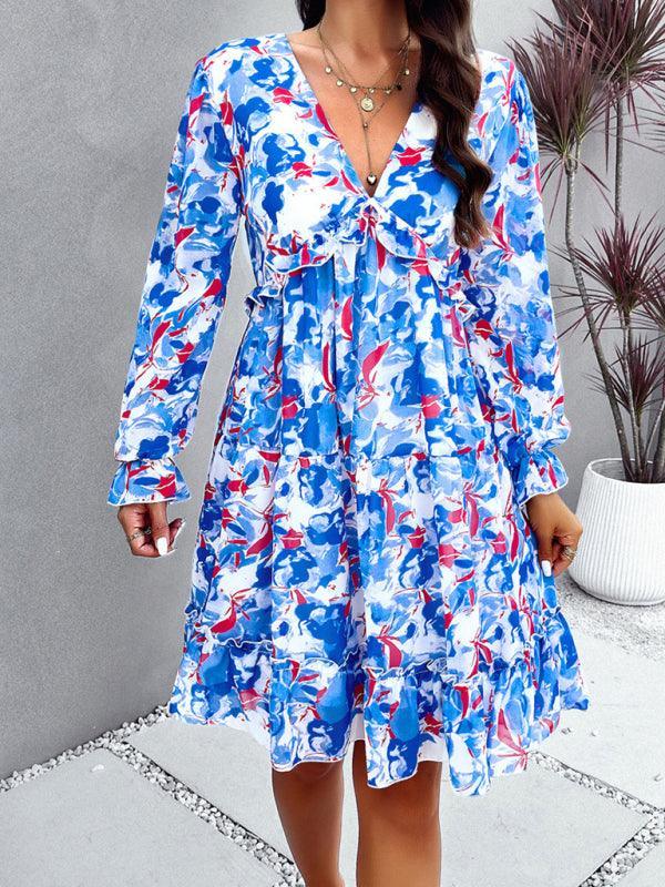 floral mini dress V-neck long-sleeved dress - 808Lush