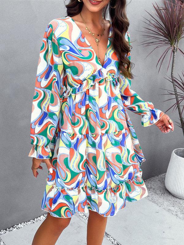 floral mini dress V-neck long-sleeved dress - 808Lush