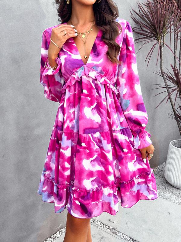 floral mini dress V-neck long-sleeved dress - 808Lush