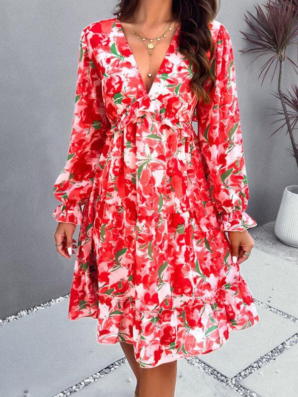 floral mini dress V-neck long-sleeved dress - 808Lush