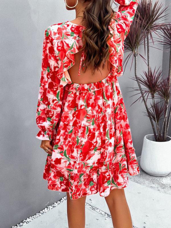 floral mini dress V-neck long-sleeved dress - 808Lush