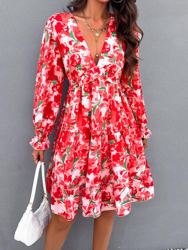 floral mini dress V-neck long-sleeved dress - 808Lush