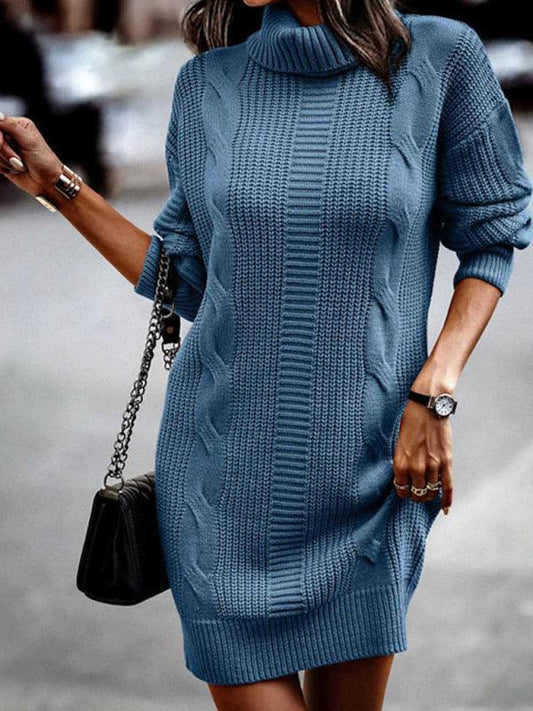 Women's Mid-Length Turtleneck Long Sleeve Sweater Dress - 808Lush