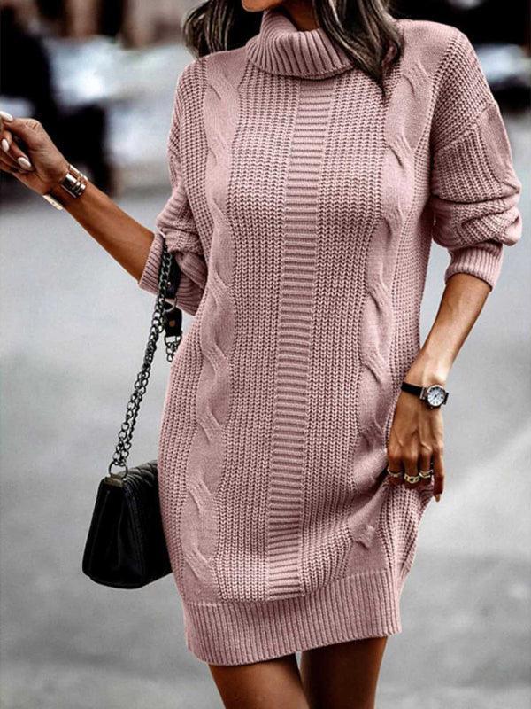 Women's Mid-Length Turtleneck Long Sleeve Sweater Dress - 808Lush