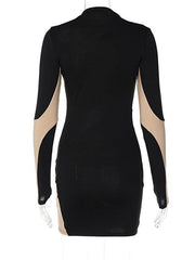 Spliced hollow round neck long-sleeved mini dress - 808Lush