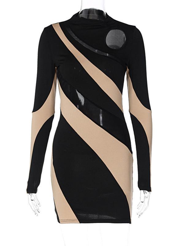 Spliced hollow round neck long-sleeved mini dress - 808Lush