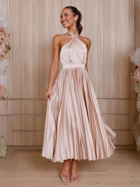 halter neck pleated elegant dress