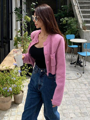 versatile round neck pocket sweater short coat long sleeves