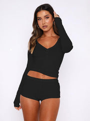 Women's knitted long-sleeved shorts 2-piece set - 808Lush