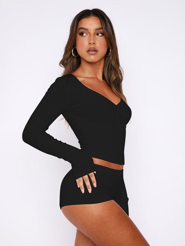 Women's knitted long-sleeved shorts 2-piece set - 808Lush