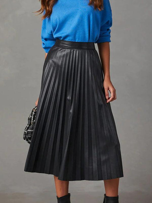 elegant pleated PU leather skirt with waist A-line skirt and drapey large pleated skirt - 808Lush