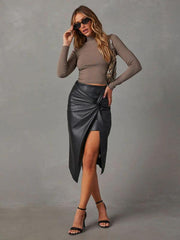 slit mid-length sexy hot girl butt-covering leather skirt - 808Lush