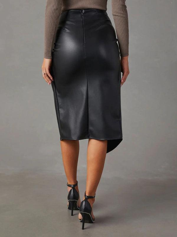 slit mid-length sexy hot girl butt-covering leather skirt - 808Lush