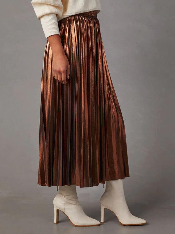 shiny pleated high-waisted A-line mid-length skirt - 808Lush