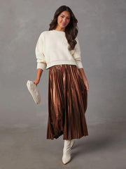 shiny pleated high-waisted A-line mid-length skirt - 808Lush