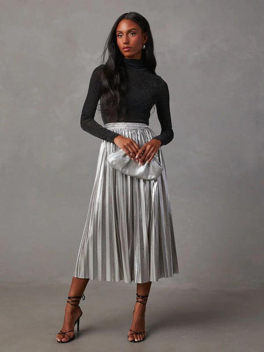 shiny pleated high-waisted A-line mid-length skirt - 808Lush