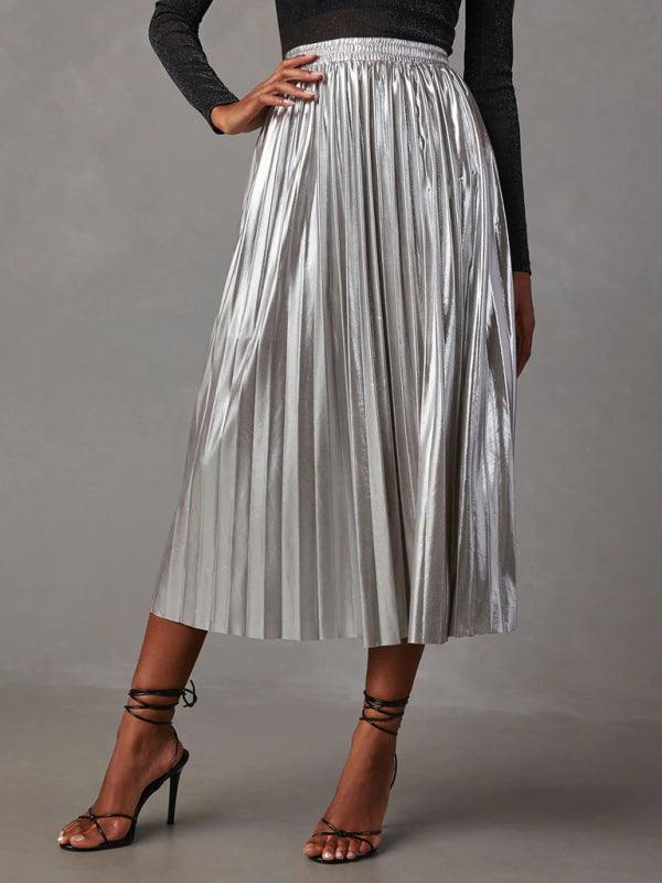 shiny pleated high-waisted A-line mid-length skirt - 808Lush