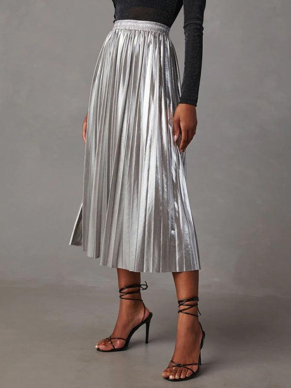 shiny pleated high-waisted A-line mid-length skirt - 808Lush