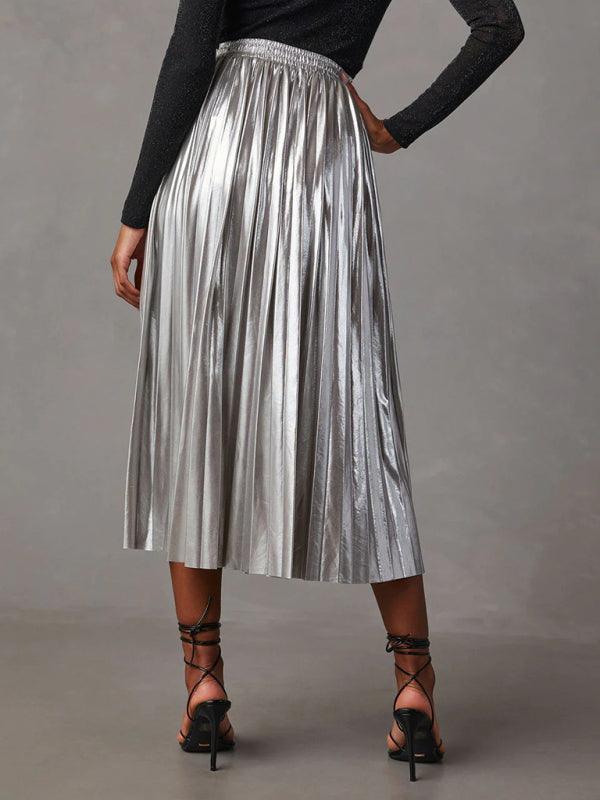 shiny pleated high-waisted A-line mid-length skirt - 808Lush