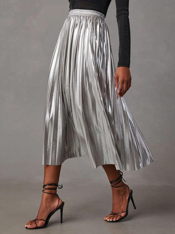 shiny pleated high-waisted A-line mid-length skirt - 808Lush