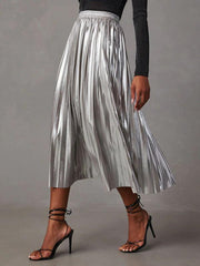 shiny pleated high-waisted A-line mid-length skirt - 808Lush