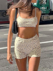 printed pullover midriff-baring vest low-waist hip-hugging shorts set - 808Lush