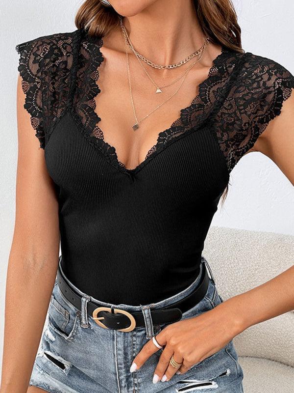 sexy lace stitching large V-neck bodysuit - 808Lush