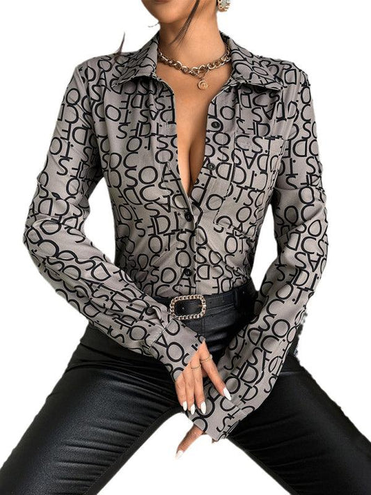 Women's printed lapel long-sleeved shirt - 808Lush