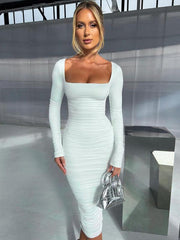 New fashionable solid color long sleeve slim pleated dress