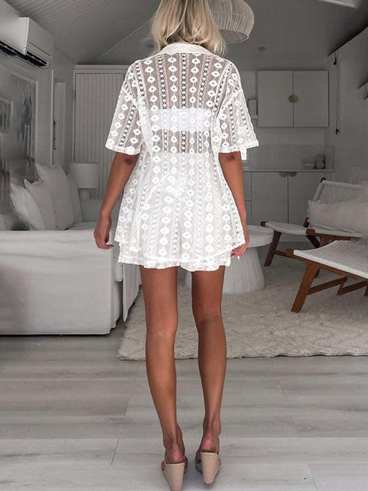 casual white lace hollow short-sleeved cardigan shorts two-piece suit - 808Lush
