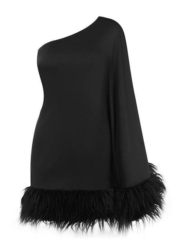 Women's sexy one-shoulder furry mini dress - 808Lush