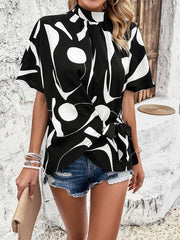 stand collar casual loose printed short sleeve top - 808Lush