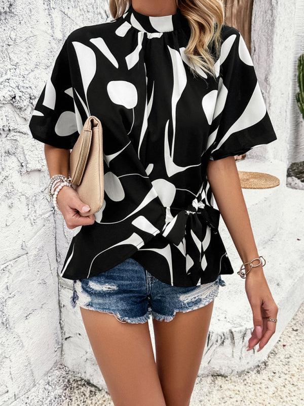 stand collar casual loose printed short sleeve top - 808Lush