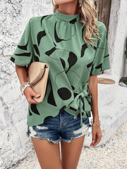 stand collar casual loose printed short sleeve top - 808Lush