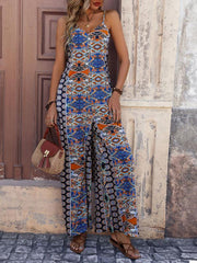 Women's backless printed suspenders wide-leg ethnic style jumpsuit - 808Lush