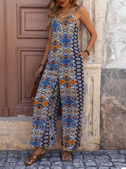 Women's backless printed suspenders wide-leg ethnic style jumpsuit - 808Lush