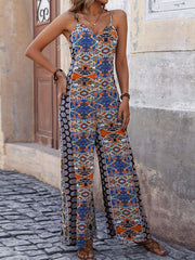 Women's backless printed suspenders wide-leg ethnic style jumpsuit - 808Lush