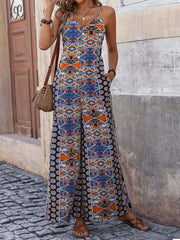 Women's backless printed suspenders wide-leg ethnic style jumpsuit - 808Lush