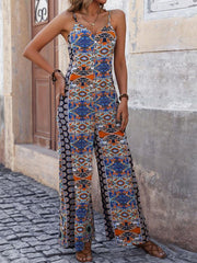 Women's backless printed suspenders wide-leg ethnic style jumpsuit - 808Lush