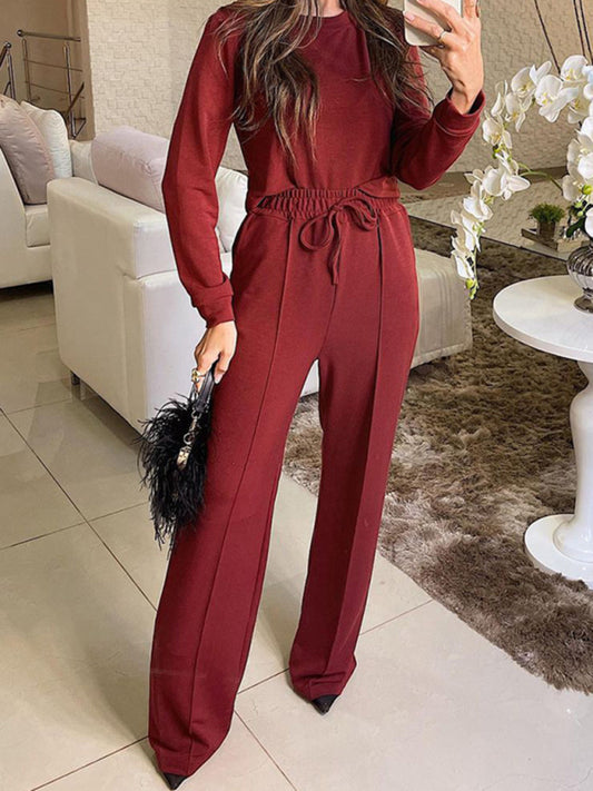 long-sleeved T-shirt tops straight-leg trousers two-piece set