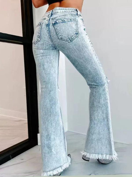 Women's Long Ripped Flares Washed High Waist Jeans - 808Lush