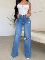 Women's long high waist ripped raw edge comfortable wide leg jeans - 808Lush