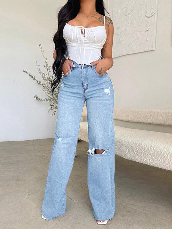 Women's long high waist ripped raw edge comfortable wide leg jeans - 808Lush