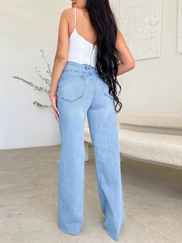 Women's long high waist ripped raw edge comfortable wide leg jeans - 808Lush